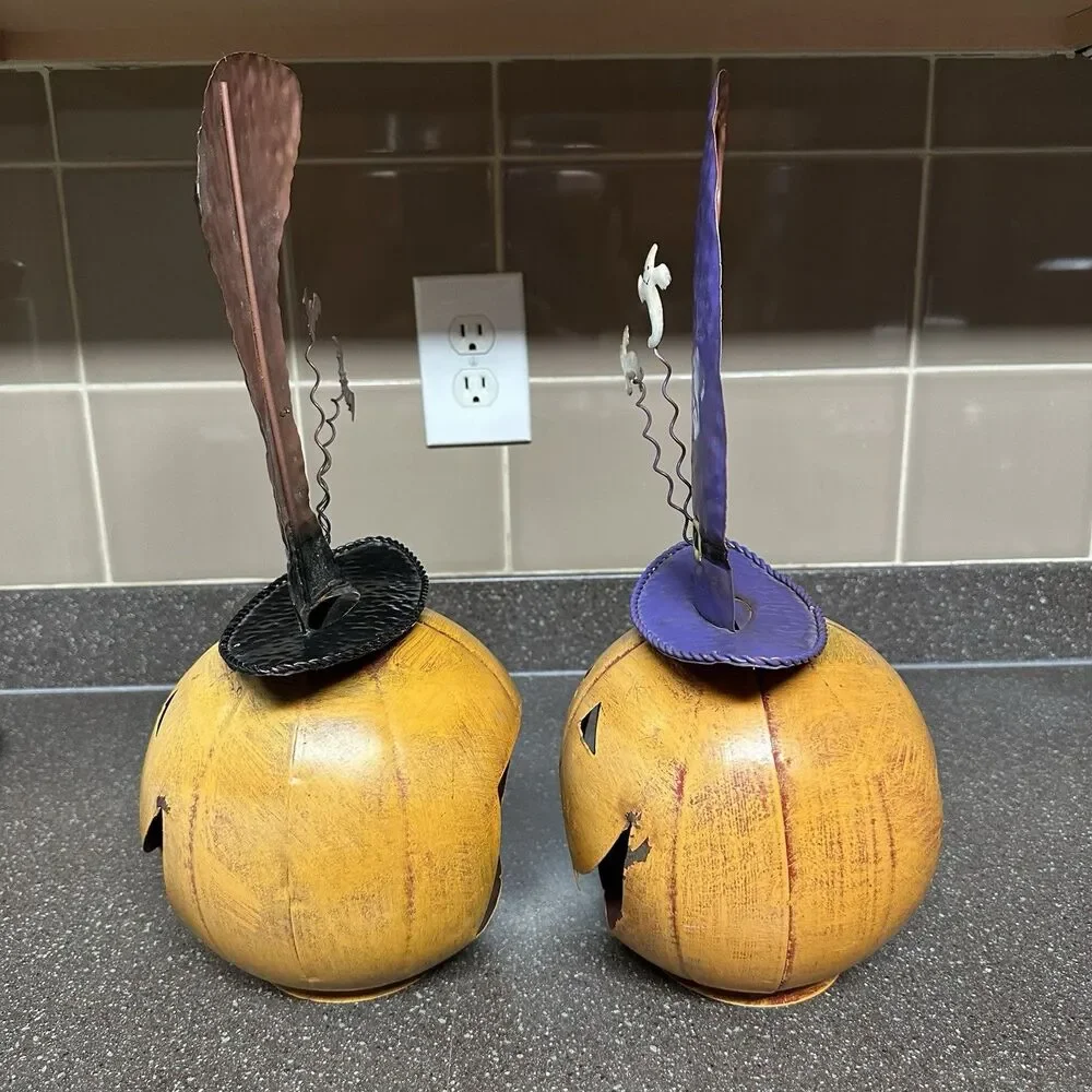 Set of 2 Halloween Metal Pumpkin Lanterns – Witch Hats w/ Bat & Ghosts 15”